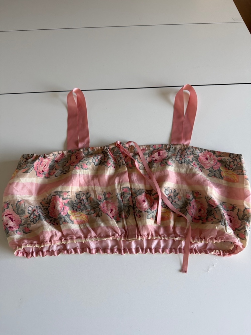 LoveShackFancy Pink Floral Silk Crop Top with Satin Straps L